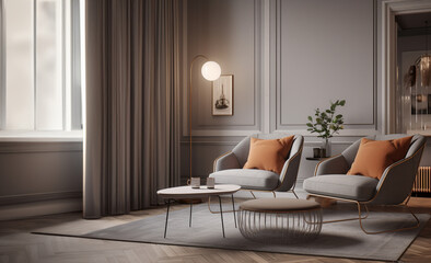 A picture of a living room in a simulated luxury condo. AI Generative.