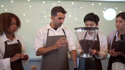 Group of barista student having a coffee tasting workshop.