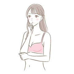 ピンクのブラジャー姿で考えるポーズの若い女性のイラスト