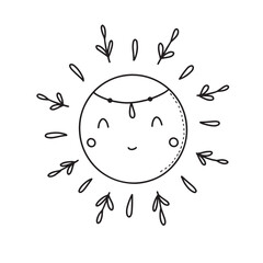 Cute cartoon hand drawn sun drawing. Sweet vector black and white sun drawing. Isolated monochrome doodle sun drawing on white background.