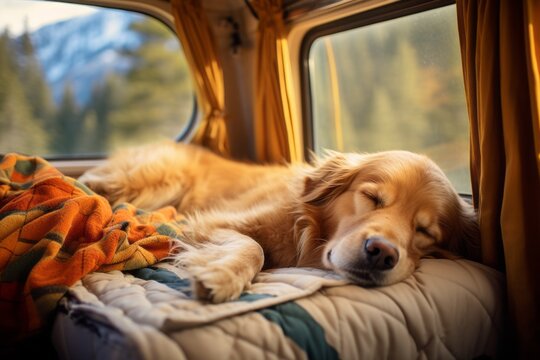 Dog sleeping inside a camper van. Generative AI Image