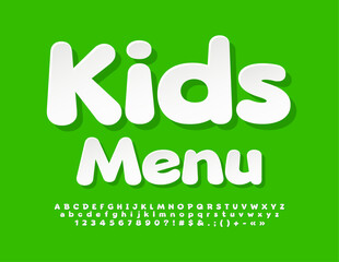 Vector creative Icon Kids Menu. Cute Sticker Font. White paper Alphabet Letters, Numbers and Symbols set