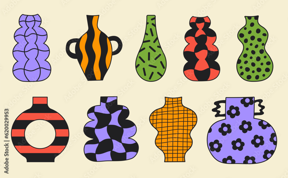 Poster abstract cartoon vases set with different groovy prints. vector illustration