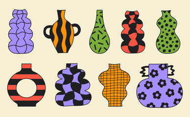 Abstract cartoon vases set with different groovy prints.  Vector illustration