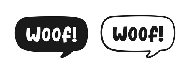 Woof text in a speech bubble balloon outline and silhouette set. Cartoon comics dog bark sound effect lettering. Simple flat vector illustration.
