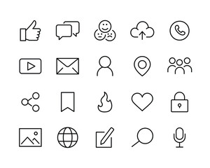 Social Networks line Icons. Profile Page, Rating, Links Social media, Heart, Feedback, Share, Contact us line icons set, editable stroke isolated on white, vector outline illustration