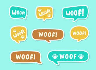 Woof text in a speech bubble balloon set, digital sticker design. Cute cartoon comics dog bark sound effect and lettering. Textured vector illustration.