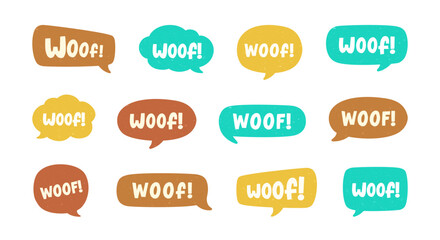 Woof text in a speech bubble balloon set, digital sticker design. Cute cartoon comics dog bark sound effect and lettering. Textured vector illustration.