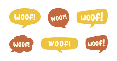 Woof text in a speech bubble balloon set, digital sticker design. Cute cartoon comics dog bark sound effect and lettering. Textured vector illustration.