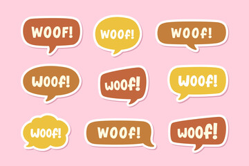Woof text in a speech bubble balloon set, digital sticker design. Cute cartoon comics dog bark sound effect and lettering. Textured vector illustration.