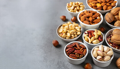 Assortment of nuts in bowls. Cashews, hazelnuts, walnuts, pistachios, pecans, pine nuts, peanuts, macadamia, almonds, brazil nuts. Food mix on gray background, copy space banner