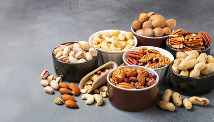 Assortment of nuts in bowls. Cashews, hazelnuts, walnuts, pistachios, pecans, pine nuts, peanuts, macadamia, almonds, brazil nuts. Food mix on gray background, copy space banner