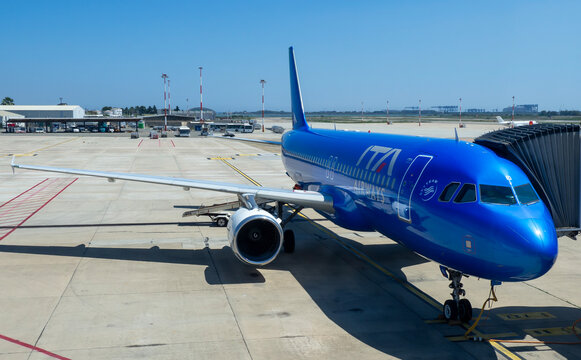 Milano, Italy. ITA Airways Airbus A320 at the gate of the Milano Linate airport