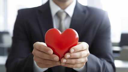A man in a black suit holding a card in the shape of a red heart.