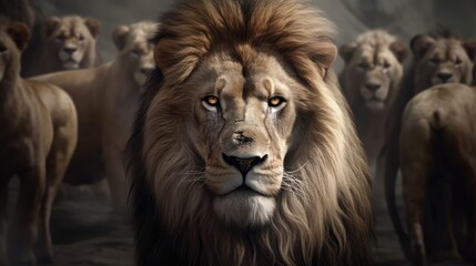 A big pride male line, king of the pride, walking in front of and leading  other lions in the family. Leadership concept. Generative AI