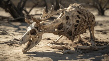 Skelton of animal died on dried land due to prolonged drought season. Climate change impacts. Global warming and environmental crisis. Generative AI