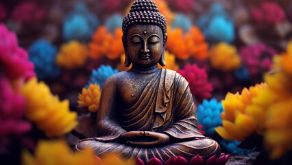 Meditating buddha statue on beautiful colorful floral striped background.