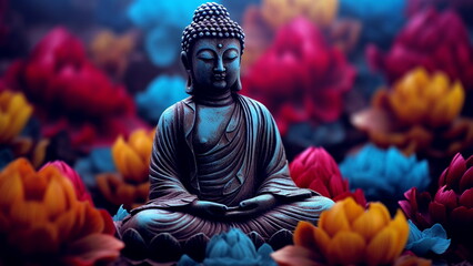 Meditating buddha statue on beautiful colorful floral striped background.