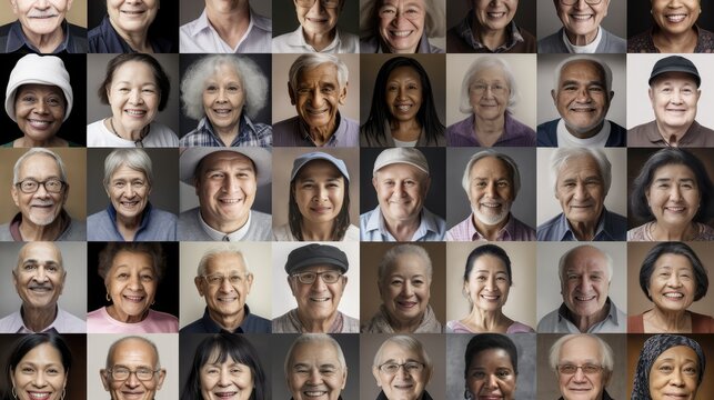 Photos of the elderly, senior old people. Aging society, world population, and aging problem. Generative AI