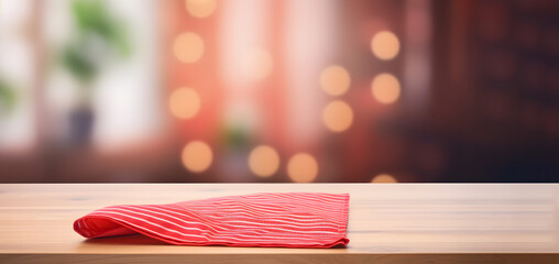 Red fabric,cloth on wood table top on blur kitchen counter (room) background.For montage product display or design key visual