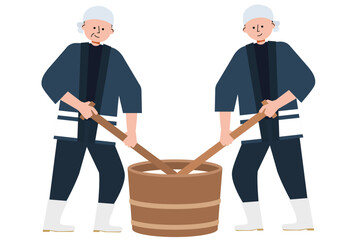 日本酒を作る杜氏の男性二人のイラスト