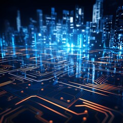 Technology innovation concept with abstract circuit board patterns and glowing lines. Generative AI