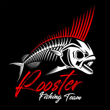 fishing logo. Rooster fish skeleton head skull on black dark background
