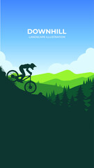 Descent down the mountain vector silhouette landscape. Downhill vector illustration. Descent from the mountain on a bicycle against a background of mountains. 