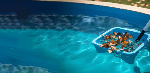 Someone using a pool skimmer for removing fallen leaves and debris floating on the surface of the pool.