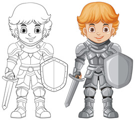 Cartoon knight boy cartoon character with doodle outline for colouring