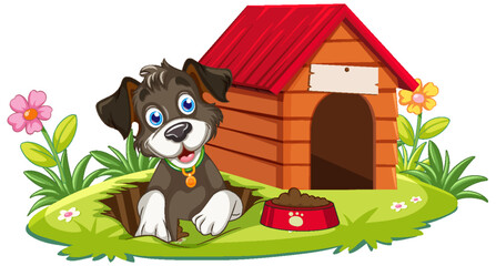 Playful Dog with Dog House
