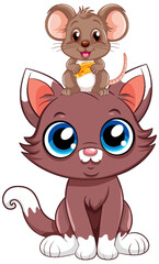 Cute Cat with Mouse in Cartoon Style