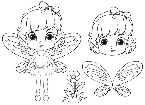 Coloring Page Outline of Cute Fairy Girl