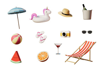 set of icons, summer object. 3D rendering. PNG images