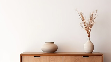wooden cabinet with ceramic vase and cup on its and white wall background. modern and cozy living room interior deign. generative AI