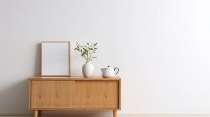 wooden cabinet with ceramic vase and cup on its and white wall background. modern and cozy living room interior deign. generative AI