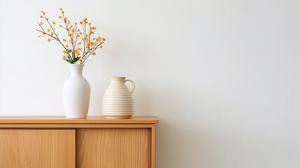living room modern interior design. wood cabinet with vase and white wall background. generative AI