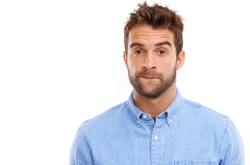 Anxiety, portrait and nervous man worried on isolated, transparent and png background. Face, stress and male person with doubt, fear or suspense, emoji or questions, afraid or concerned with phobia