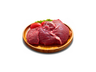 red raw beef meat and salad over white on wooden plate MADE OF AI