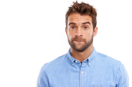 Anxiety, portrait and nervous man worried on isolated, transparent and png background. Face, stress and male person with doubt, fear or suspense, emoji or questions, afraid or concerned with phobia