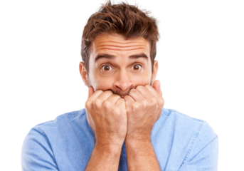 Worried, anxiety and portrait of man scared with stress expression isolated in a transparent or png background. Uncertain, fear and person feeling anxious and thinking of a problem and ashamed