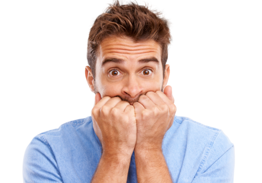 Worried, anxiety and portrait of man scared with stress expression isolated in a transparent or png background. Uncertain, fear and person feeling anxious and thinking of a problem and ashamed