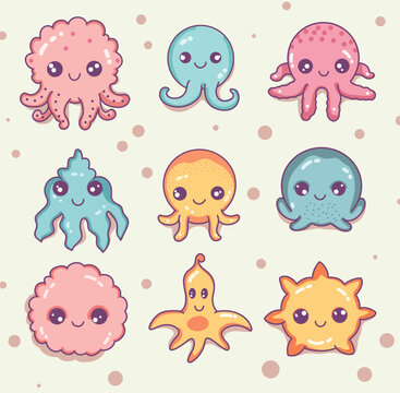 Set of cute hand drawn animals. Cartoon octopus design. Cute sea animals. Doodle. Kid Graphic. Kawaii concept. Vector