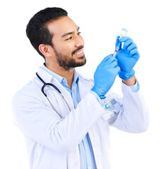 Syringe, doctor and man with vaccine in vial on isolated, PNG and transparent background. Healthcare, hospital and male health worker with needle for medicine, vaccination liquid and medical care