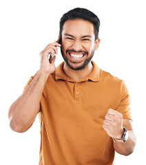 Man, phone call and winning news with fist pump, yes to success and happy on transparent png...