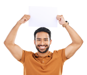 Poster, happy man and portrait mockup with marketing placard, advertising banner or information board. Asian guy, mock up space and paper for promotion sign isolated on a transparent png background
