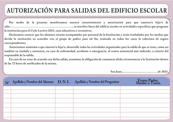 Fototapeta premium Autorización Salida Escolar Agenda Docente