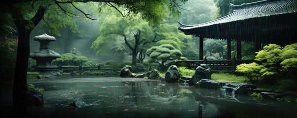 Japanese garden in the rain. Hand-edited generative AI.