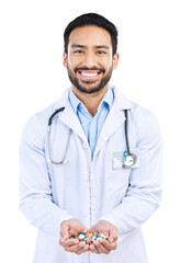 Pharmacist, medicine and portrait of doctor with pills, healthcare and isolated in transparent or...