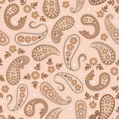 Brown Paisley floral print. Earth tone bohemian paisley flower seamless pattern. vintage style. good for fabric, fashion design, summer dress, clothing, pajama, wallpaper, background, textile.